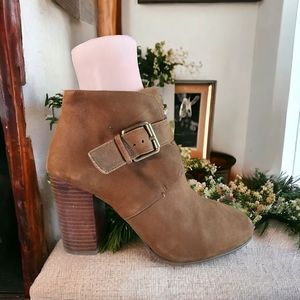 French Connection Women's Block Heel Ankle Boots Bootie Suede-Leather Tan Size 8